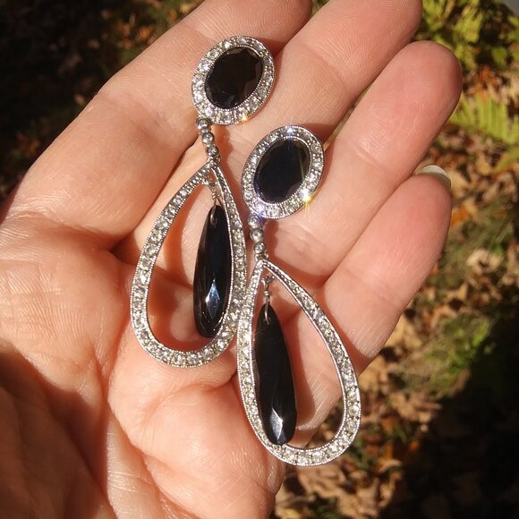 VTG Monet drop Dangle teardrop clip on earrings  rhinestones black cabochons - Picture 11 of 17